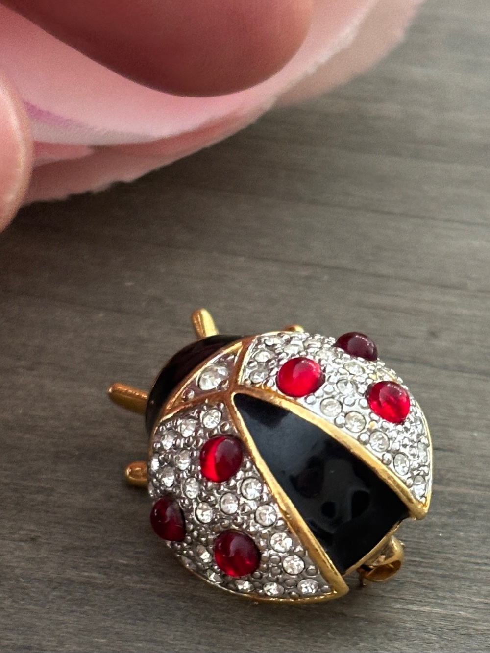Vintage Joan Rivers Gold Tone Enamel Rhinestone Ladybug Brooch